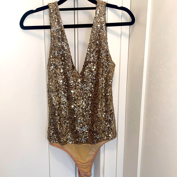 bebe Tops - bebe Gold Sequin V-Neck Bodysuit Top